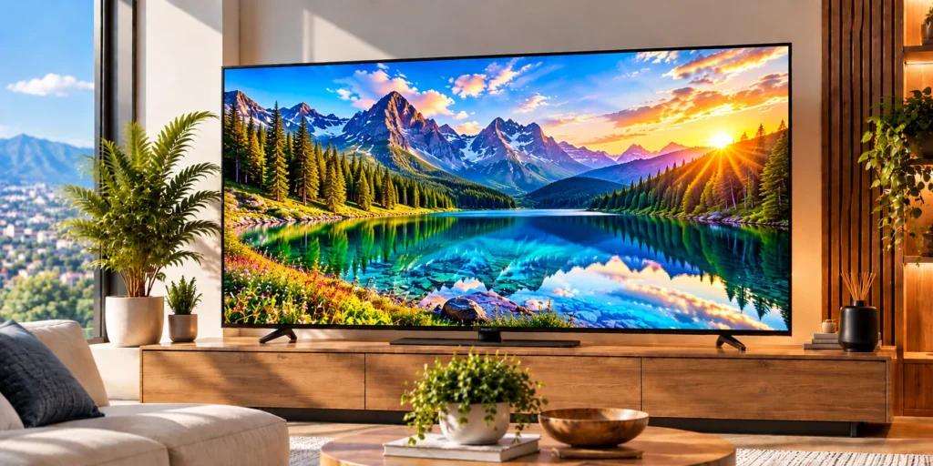 Televizor Smart Micro RGB cu ecran colorat, amplasat într-un living modern